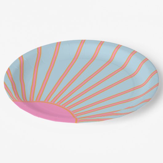 Le Soleil 02 Retro Sun Rosa und Blau Sunshine Pappteller (Schrägansicht)
