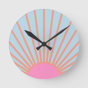 Le Soleil 02 Retro Sun Rosa und Blau Sunshine Runde Wanduhr