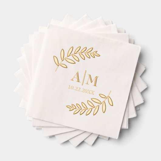 Leaf Botanical Modern Monogram & Date Wedding Servietten Mit Folie (Insitu (Gestapelt))