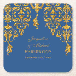 Leaf Damask Art Nouveau Glitzer Empfang Dekoration Rechteckiger Pappuntersetzer