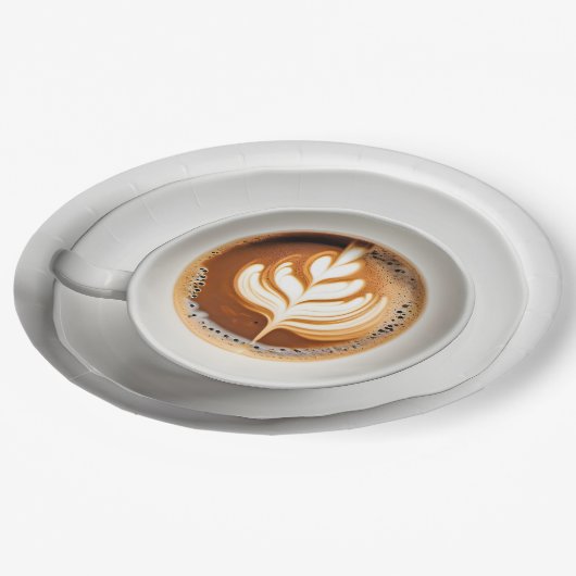 Leaf Design Cappuccino in White Cup Pappteller (Schrägansicht)