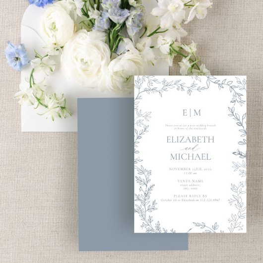 Leaf Dusty Blue Monogram Post Wedding Brunch Einladung