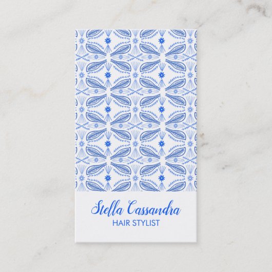 Leaf Feather Blue White Modern Tile Muster Visitenkarte (Vorderseite)