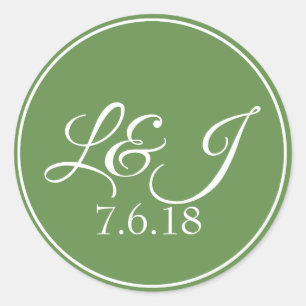 Leaf Green & White Couple's Initals & Wedding Date Runder Aufkleber