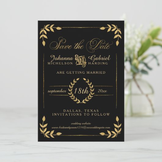 Leaf Greenery Gold Black Save the Date Foto (Stehend Vorderseite)