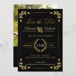 Leaf Greenery Gold Black Save the Date Foto