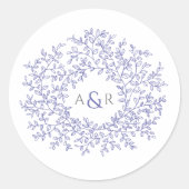 Leaf-Kranz-Monogramm lila blaue Hochzeit Runder Aufkleber (Vorderseite)