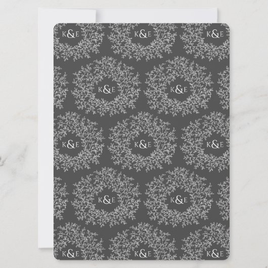 Leaf Kreis Linie Art Hochzeit dunkelgrau und weiß Einladung (Rückseite)