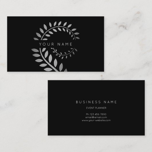 Leaf Laurel Fern Botanic Silver Serpentine Black Visitenkarte (Vorne/Hinten)