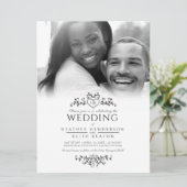 Leaf line art heart monogram black wedding Foto Einladung (Stehend Vorderseite)