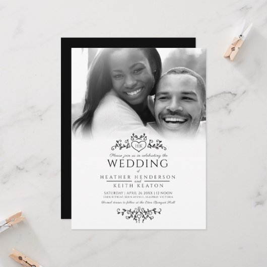 Leaf line art heart monogram black wedding Foto Einladung (Vorderseite/Rückseite Beispiel)