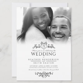 Leaf line art heart monogram black wedding Foto Einladung