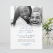 Leaf line art heart monogram blue wedding Foto Einladung (Stehend Vorderseite)