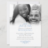 Leaf line art heart monogram blue wedding Foto Einladung (Vorderseite)