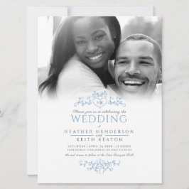 Leaf line art heart monogram blue wedding Foto Einladung