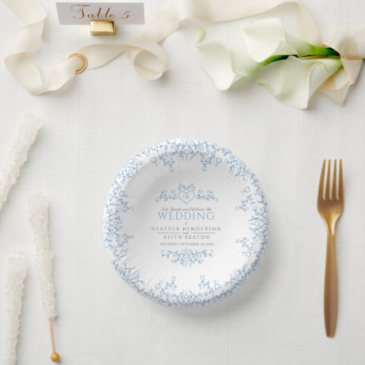 Leaf line art heart monogram white blue wedding pappteller (Hochzeit)