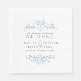 Leaf line art heart monogramm blaue weiße Hochzeit Serviette