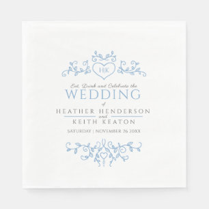 Leaf line art heart monogramm blaue weiße Hochzeit Serviette