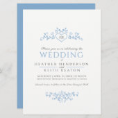 Leaf line art heart monogramm hellblaue Hochzeit Einladung (Vorne/Hinten)