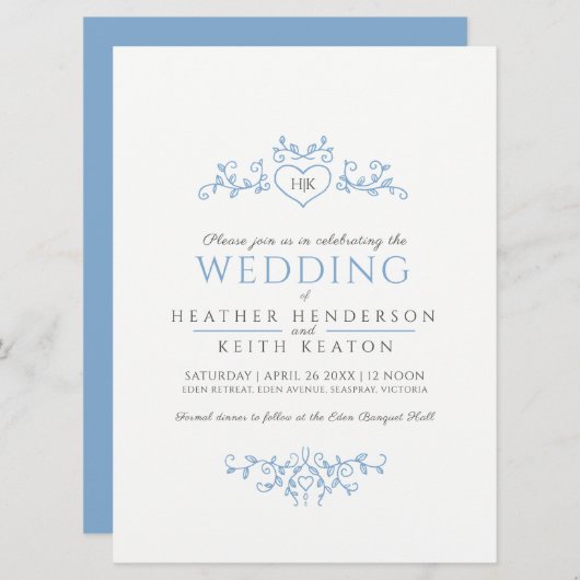 Leaf line art heart monogramm hellblaue Hochzeit Einladung (Vorne/Hinten)