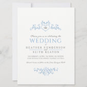 Leaf line art heart monogramm hellblaue Hochzeit Einladung (Vorderseite)