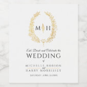 Leaf Monogram Art Black and Gold Hochzeit Weinetikett (Einzelnes Label)