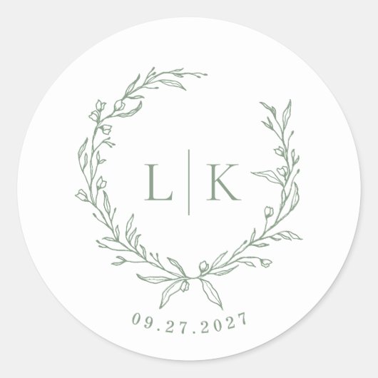 Leaf Monogram Sage Green Wedding Runder Aufkleber (Vorderseite)