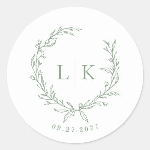 Leaf Monogram Sage Green Wedding Runder Aufkleber