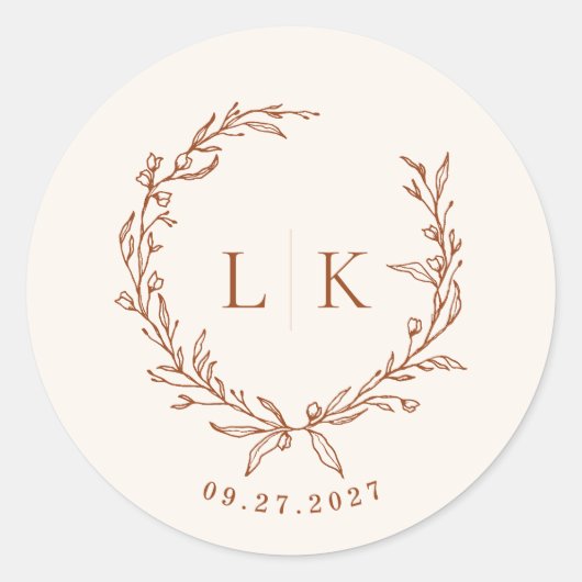 Leaf Monogram Terracotta Cream Wedding Runder Aufkleber (Vorderseite)