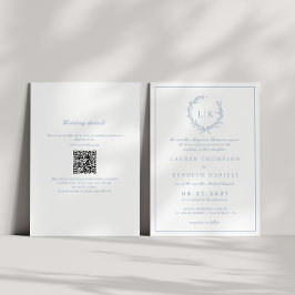 Leaf Monogram Wappen Dusty Blue QR Code Wedding Einladung