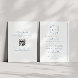 Leaf Monogram Wappen Dusty Blue QR Code Wedding Einladung