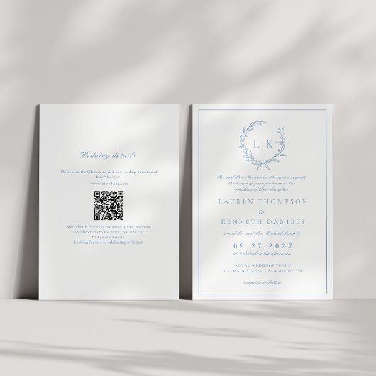 Leaf Monogram Wappen Dusty Blue QR Code Wedding Einladung