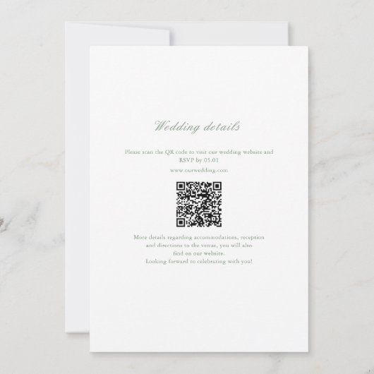 Leaf Monogram Wappen Sage Green QR Code Hochzeit Einladung (Rückseite)