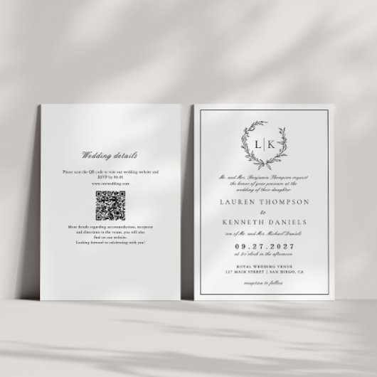 Leaf Monogram Wappen Schwarz-weiß QR Code Wedding Einladung