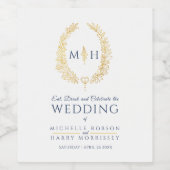 Leaf Monogramm Art Blue and Gold Hochzeitsweinlabe Weinetikett (Einzelnes Label)