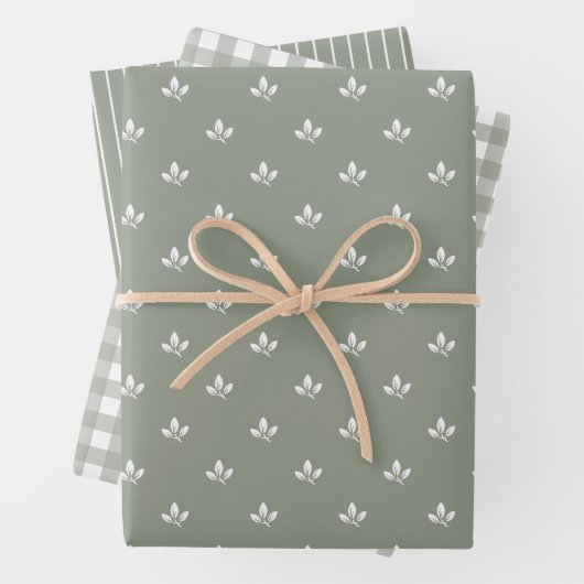 Leaf Muster Gingham und Streifen Dusky Green | Geschenkpapier Set (Beispiel)
