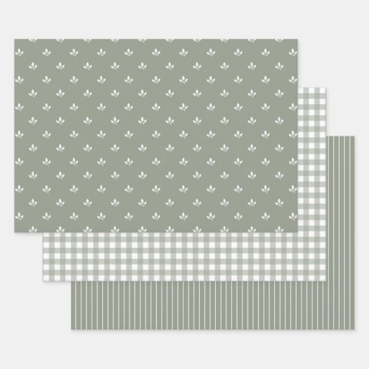 Leaf Muster Gingham und Streifen Dusky Green | Geschenkpapier Set (Set)