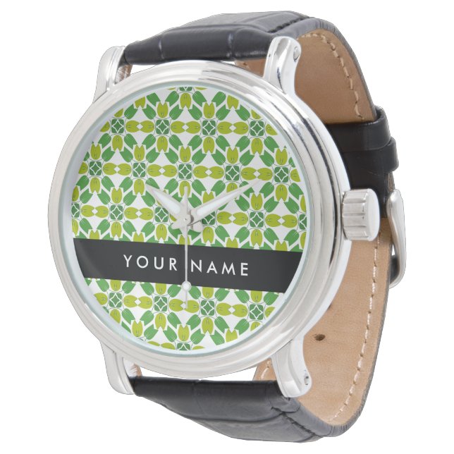 Leaf-Muster, grüne Blätter, Ihr Name Armbanduhr (Schrägansicht)