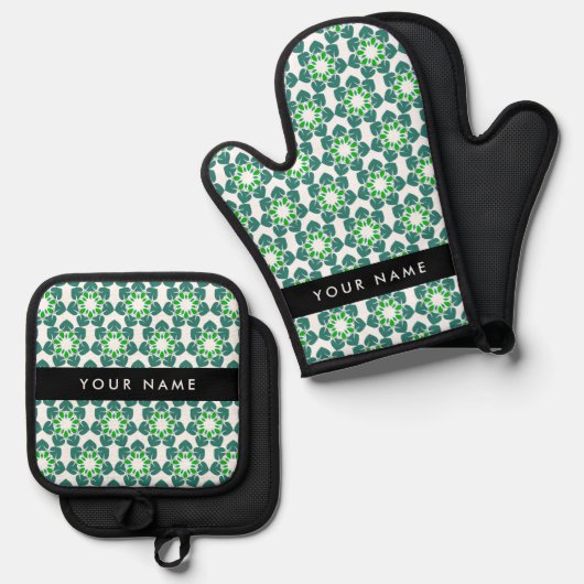 Leaf-Muster, grüne Blätter, Ihr Name Ofenhandschuh & Topflappen-Set (Vorderseite/Rückseite)