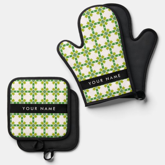 Leaf-Muster, grüne Blätter, Ihr Name Ofenhandschuh & Topflappen-Set (Vorderseite/Rückseite)