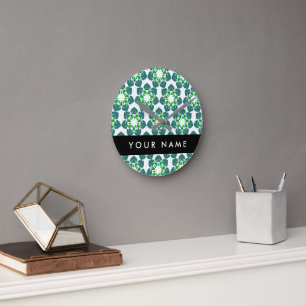 Leaf-Muster, grüne Blätter, Ihr Name Runde Wanduhr