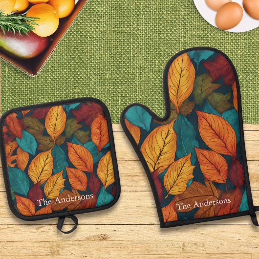 Leaf Muster Herbstfarben Rustikale Herbstleaves Ofenhandschuh & Topflappen-Set