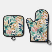 Leaf Muster Hübsche farbenfrohe Blätter Mit Monogr Ofenhandschuh & Topflappen-Set (Vorderseite)