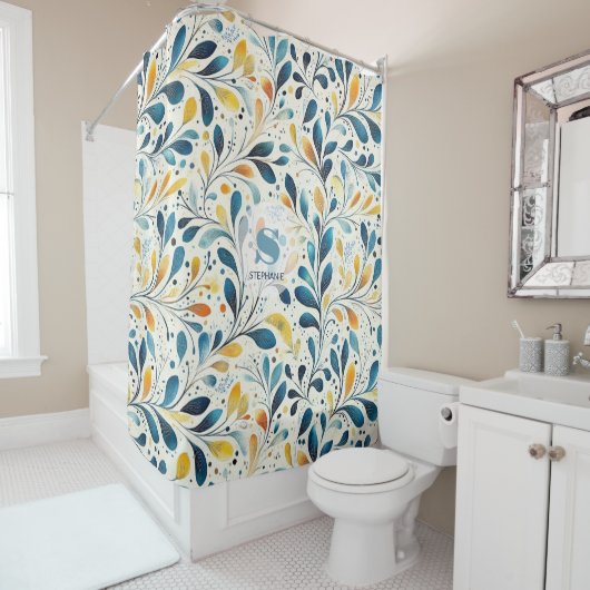 Leaf-Muster in Blau und Gold Paisley (2) Duschvorhang (Beispiel)