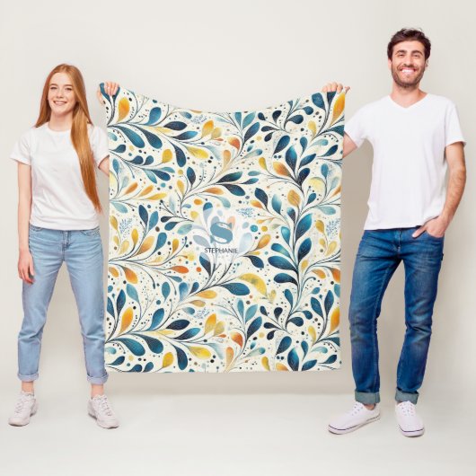 Leaf-Muster in Blau und Gold Paisley (2) Fleecedecke (Beispiel)