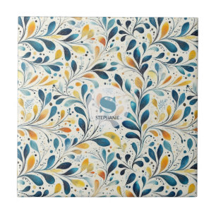 Leaf-Muster in Blau und Gold Paisley (2) Fliese