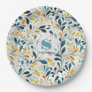 Leaf-Muster in Blau und Gold Paisley (2) Pappteller