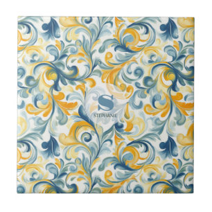 Leaf-Muster in Blau und Gold Paisley Fliese
