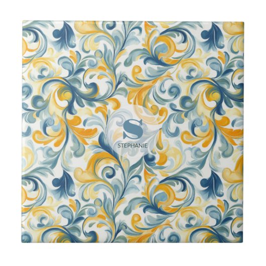 Leaf-Muster in Blau und Gold Paisley Fliese (Vorderseite)
