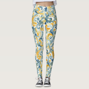 Leaf-Muster in Blau und Gold Paisley Leggings